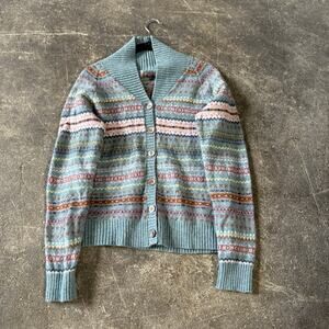 L.L. Bean Cardigan Sweater Womens S 36 Green Fair Isle Lambswool 0 BHD8